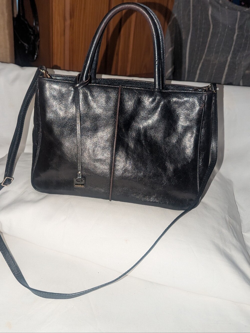 Hobo International Mariella Black Structured Leather Satchel Bag.
